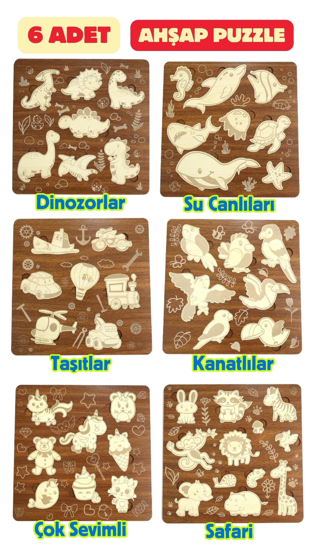 Çocuk Puzzle (Yapboz) Birinci Sınıf Ahşap 6’ lı Eğitici Öğretici Eğlenceli Mega Set