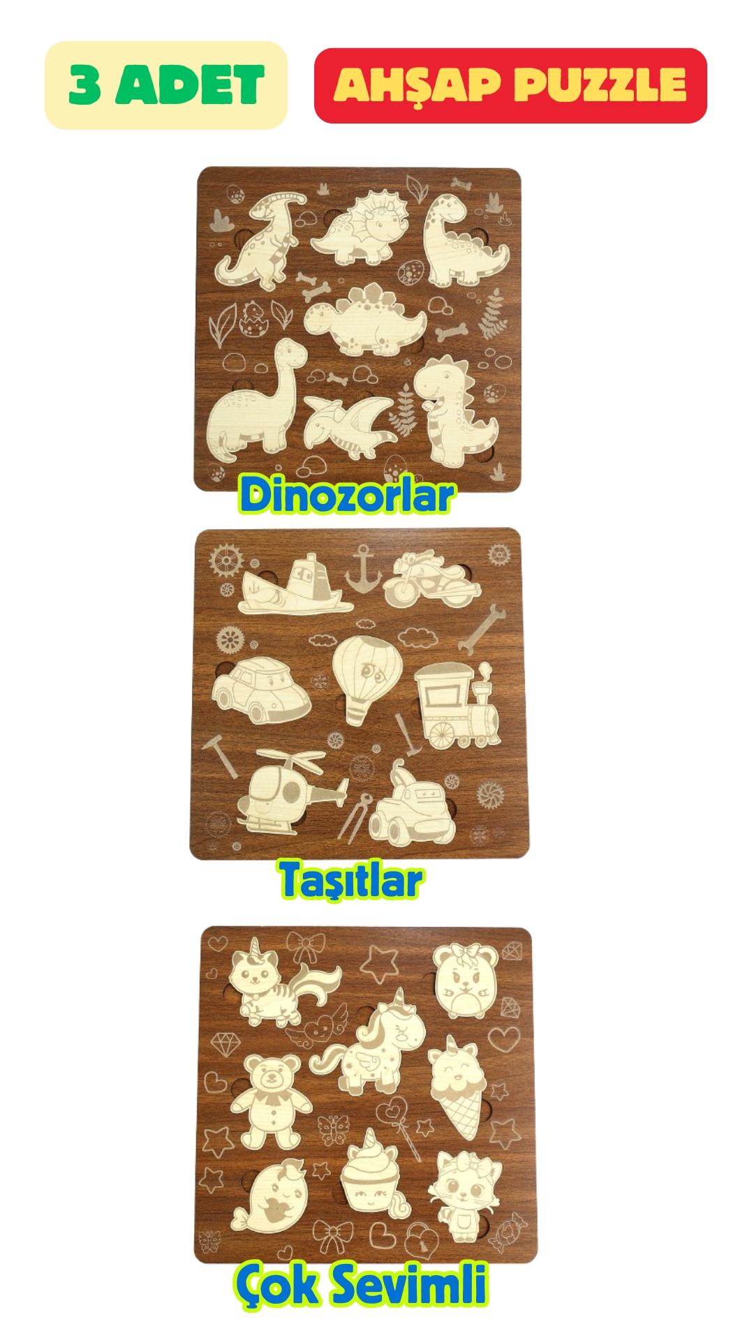 Çocuk Puzzle (Yapboz) Birinci Sınıf Ahşap 3 Parça Eğitici Öğretici Eğlenceli Set