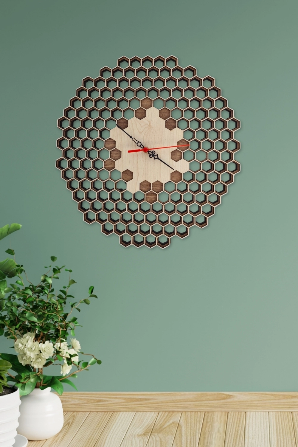 Petek Desenli Lazer Kesim Modern Üç Katlı Mdf Duvar Saati