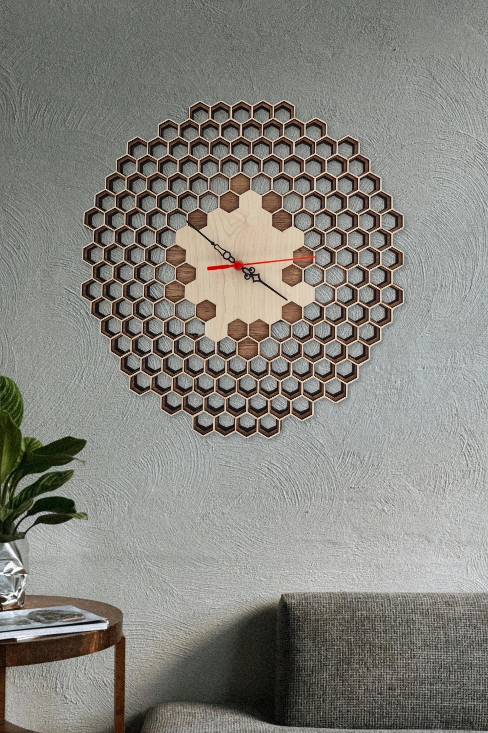 Petek Desenli Lazer Kesim Modern Üç Katlı Mdf Duvar Saati