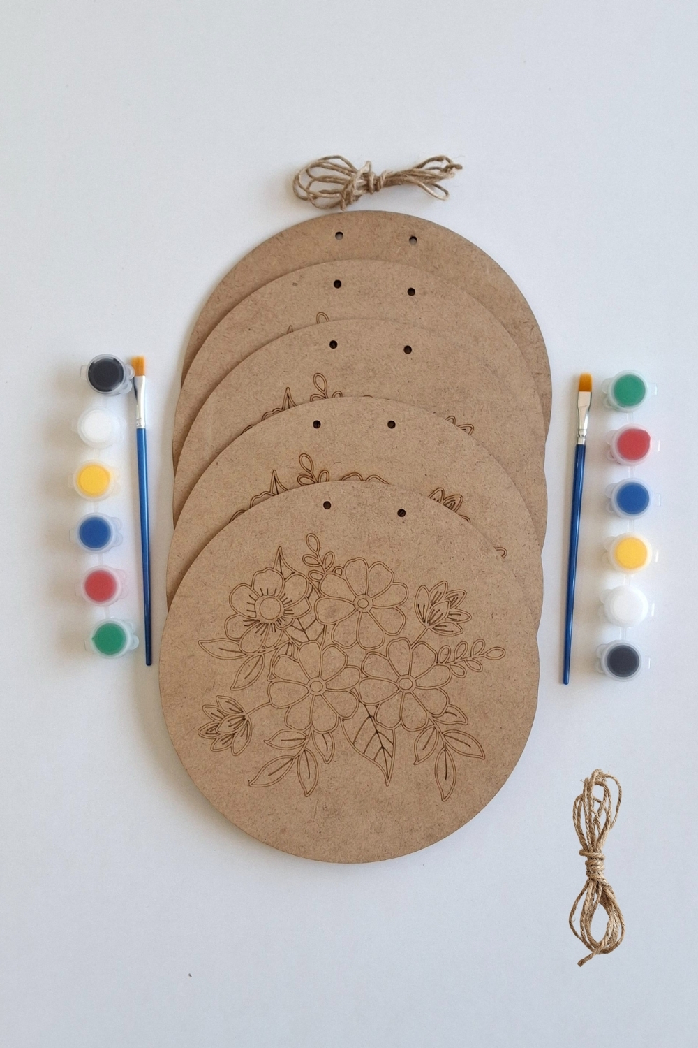 Özgün Tasarımlar İçin 5 Parça Çiçek Desen Ham MDF Dekoratif Set  - Fırça ve Akrilik Boya Hediye