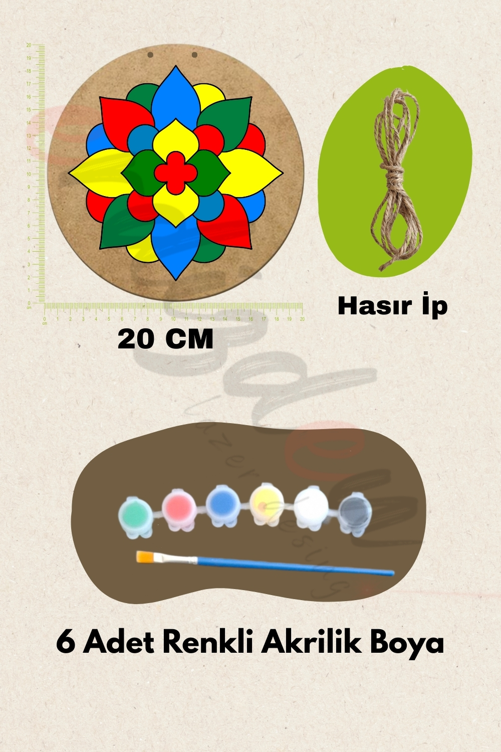 Özgün Tasarımlar İçin 5 Parça Mandala Ana Ham MDF Dekoratif Set  - Fırça ve Akrilik Boya Hediye