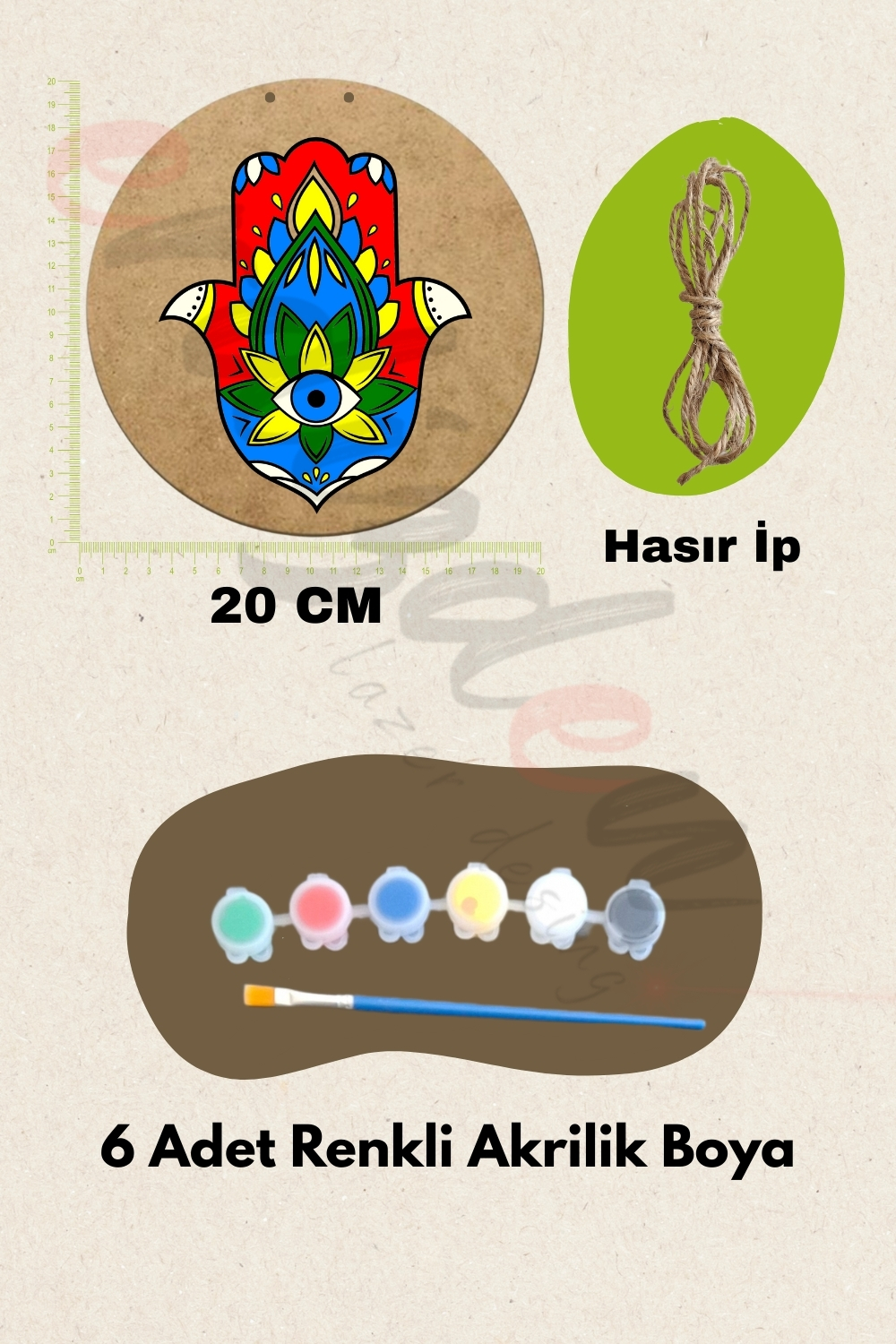Özgün Tasarımlar İçin 5 Parça Fatma Ana Ham MDF Dekoratif Set  - Fırça ve Akrilik Boya Hediye