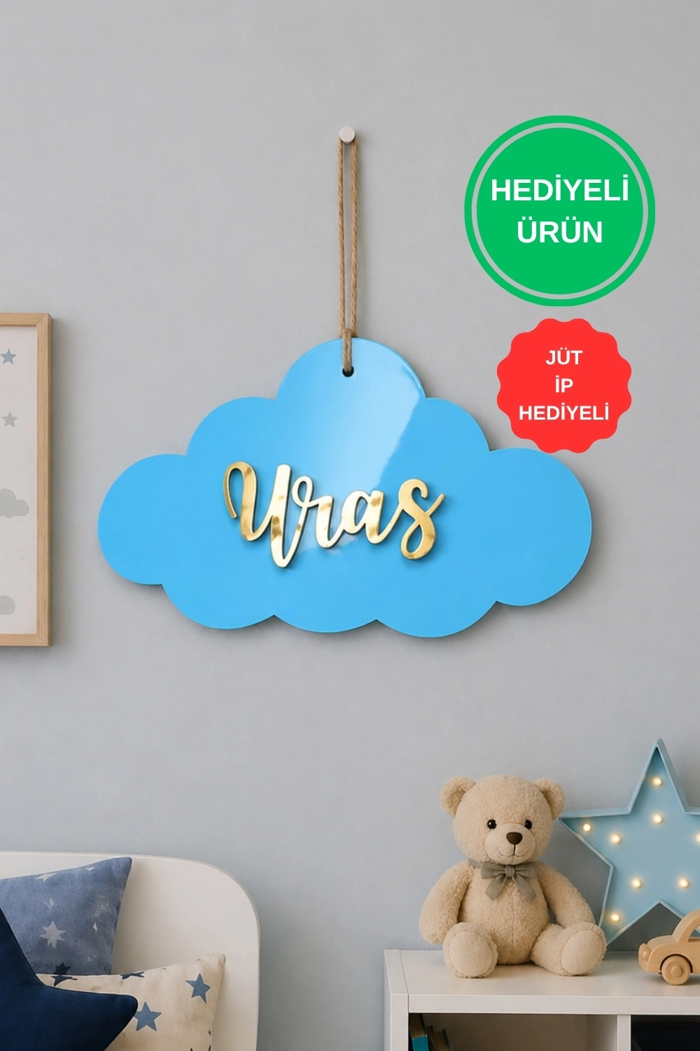 Çocuk Odası İçin İsimli Pleksi Yazılı Bulut Dekor Duvar Süsü