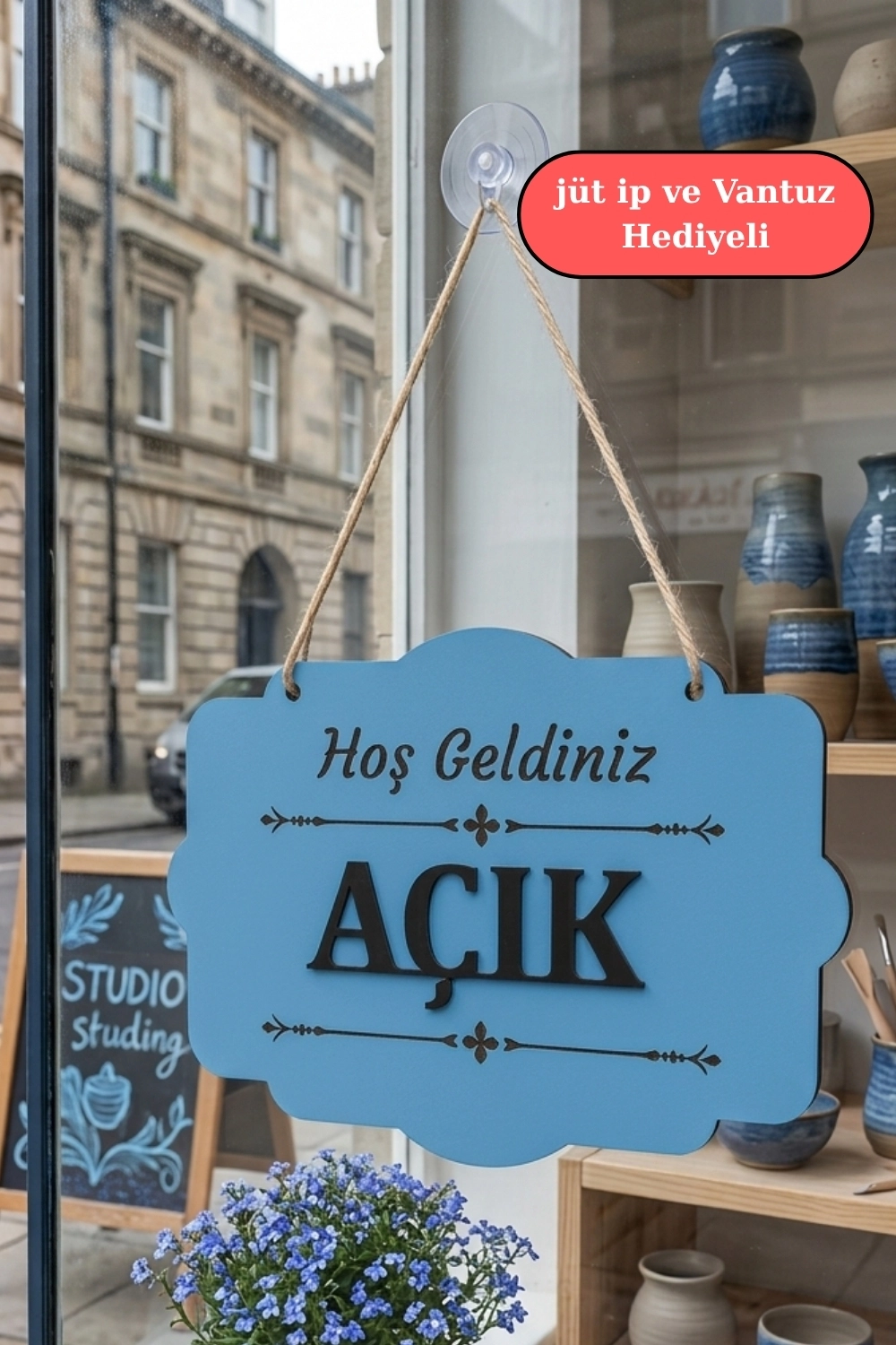 Çift Taraflı MDFAhşap Dükkan & Mağaza Kapı Yönlendirme Tabelası - Mavi