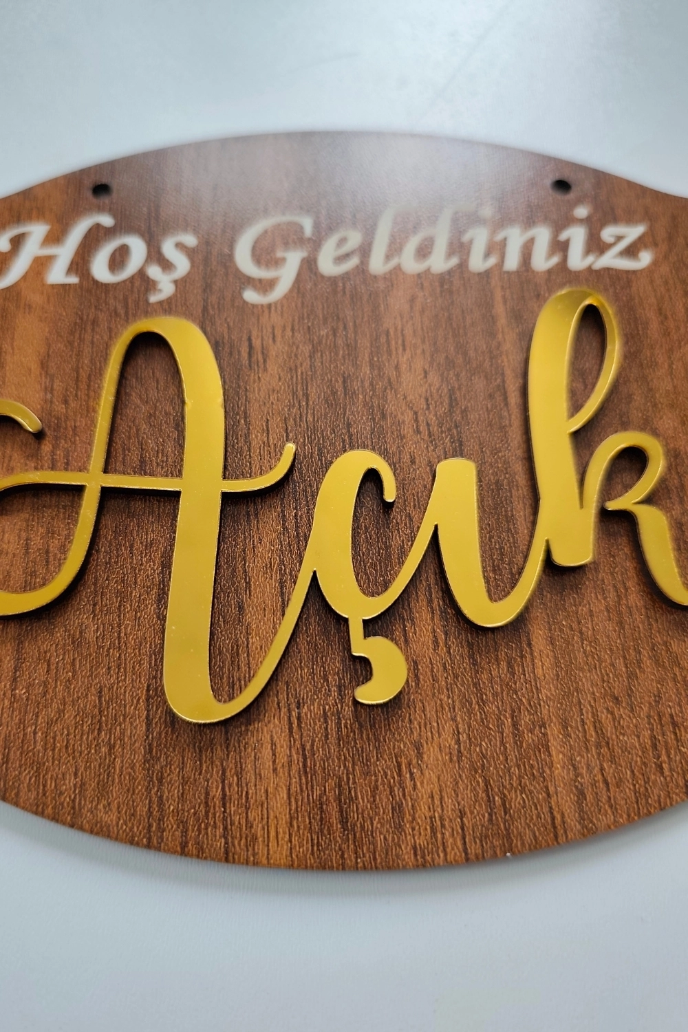 Pleksi Yazılı Modern AÇIK-KAPALI Tabelası - Ceviz
