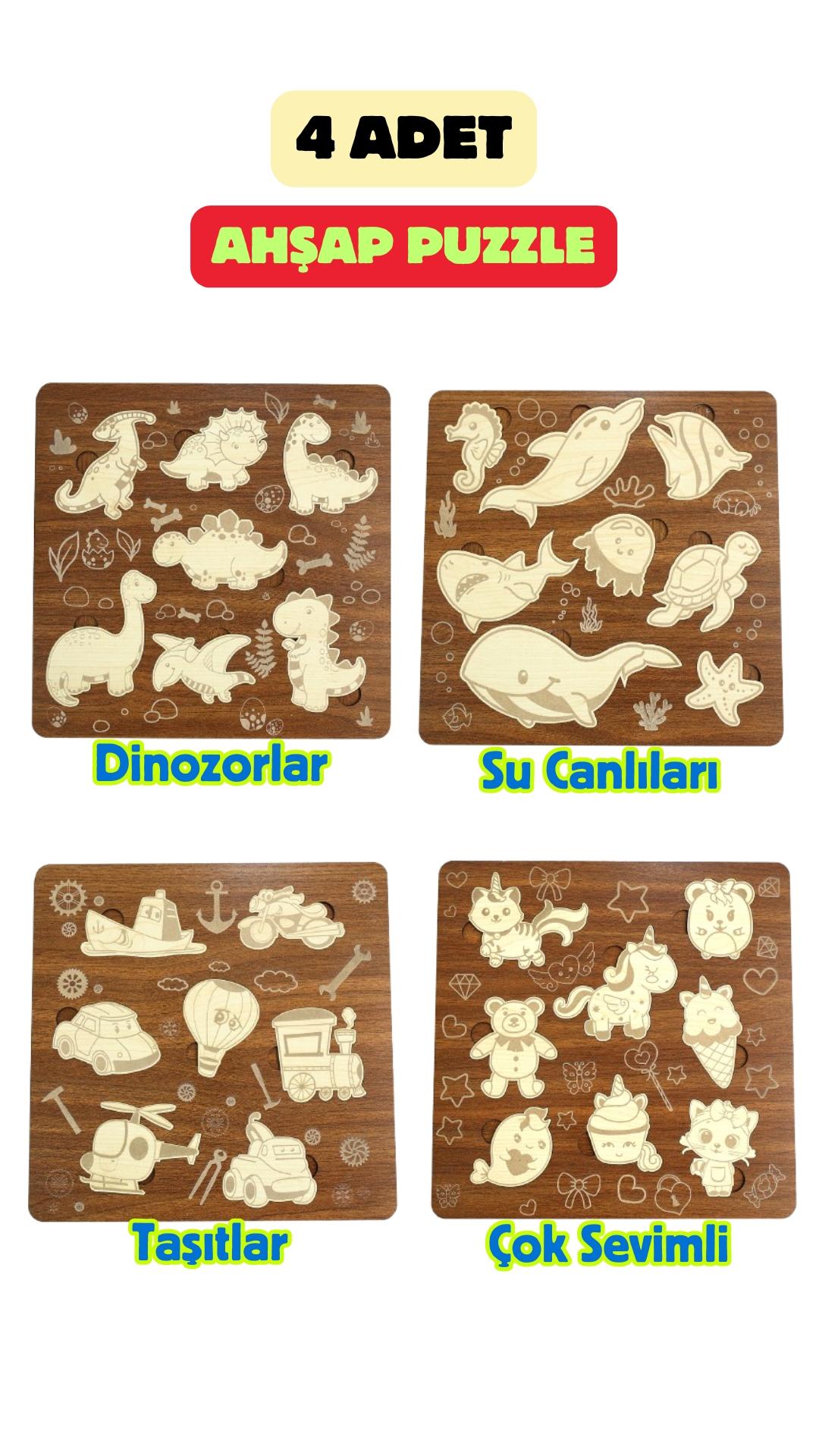 Çocuk Puzzle (Yapboz) Birinci Sınıf Ahşap 4 Parça Eğitici Öğretici Eğlenceli Set