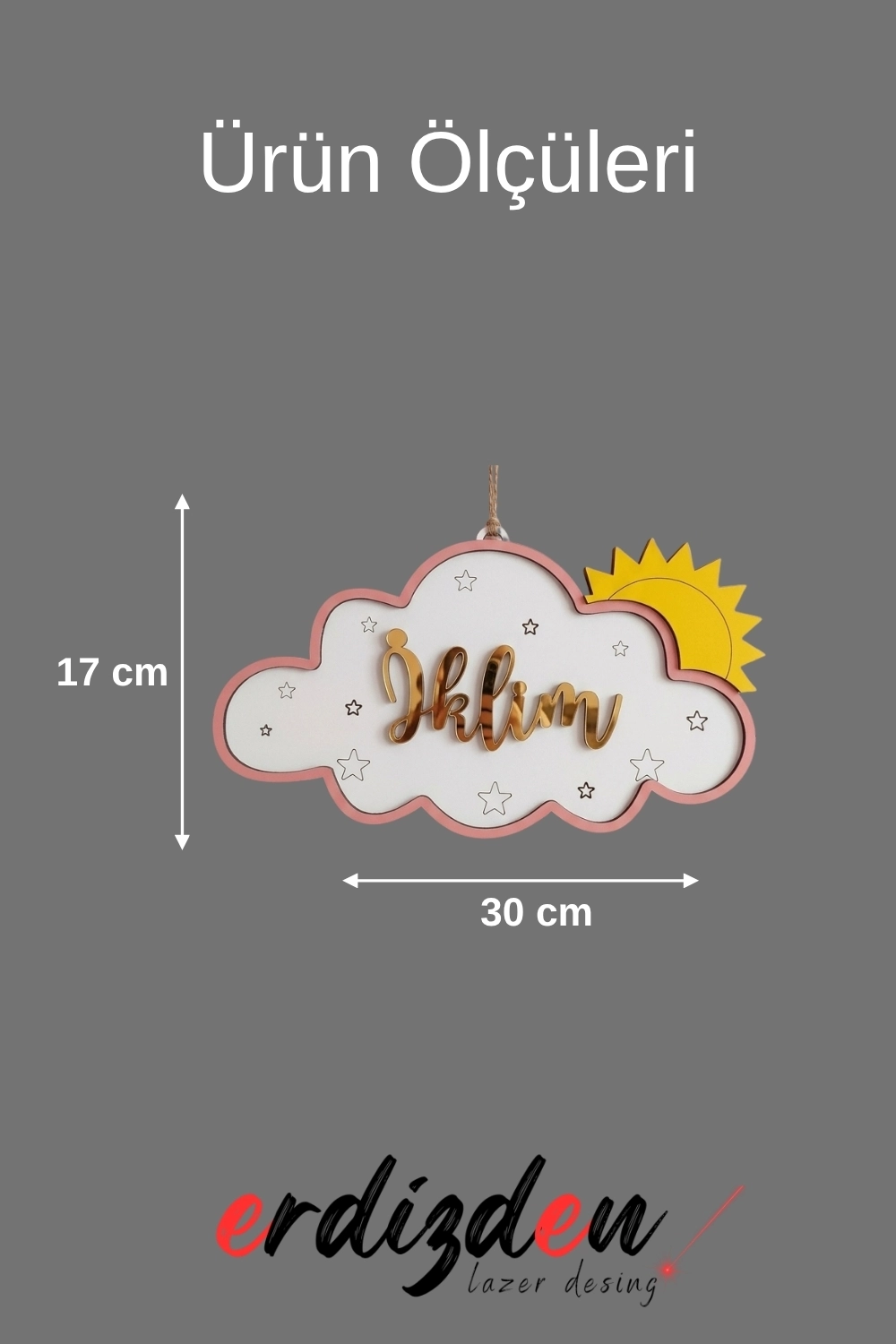Çocuk Odası İçin İsimli Pleksi Yazılı Güneş Detaylı Bulut Dekor Duvar Süsü