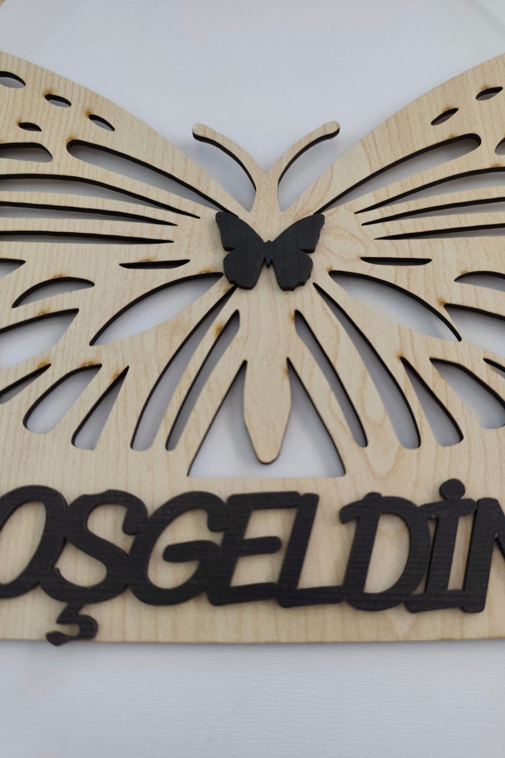 Hoşgeldiniz Yazılı Lazer Kesim Kelebek Mdf Kapı Süsü - Akçaağaç