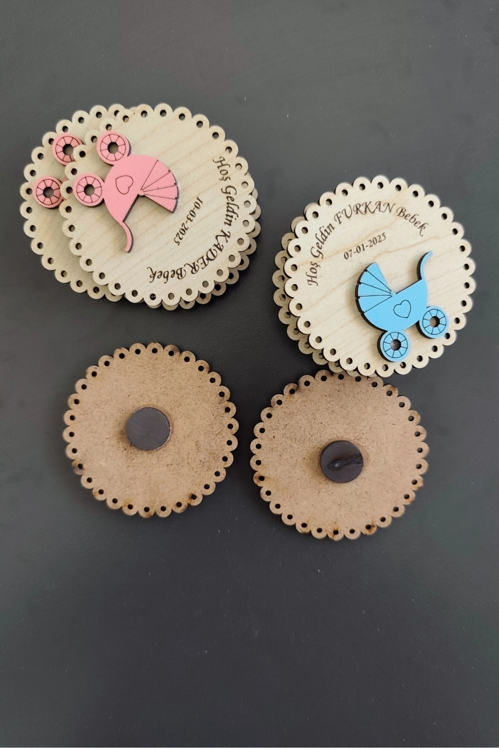 Yuvarlak Bebek Arabası Figürlü Ahşap Yenidoğan Magnet