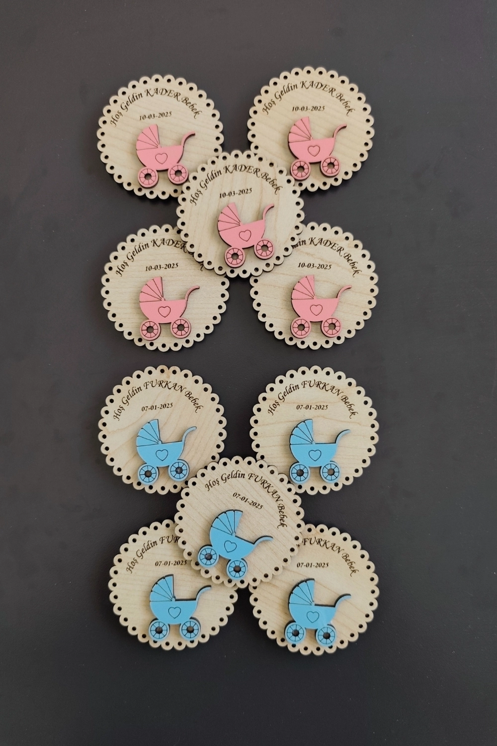 Yuvarlak Bebek Arabası Figürlü Ahşap Yenidoğan Magnet