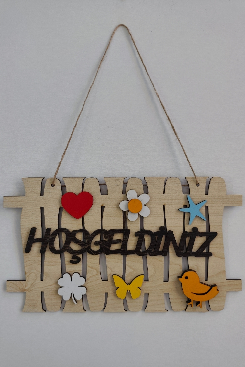 Hoşgeldiniz Yazılı Lazer Kesim Çit Mdf Kapı Süsü - Akçaağaç