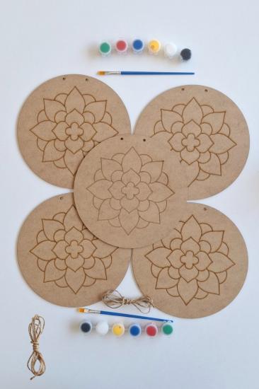 Özgün Tasarımlar İçin 5 Parça Mandala Ana Ham MDF Dekoratif Set  - Fırça ve Akrilik Boya Hediye