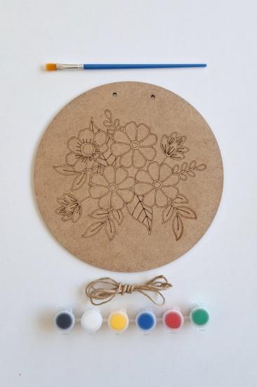 Özgün Tasarımlar İçin Çiçek Desen Ham MDF Dekoratif Set  - Fırça ve Akrilik Boya Hediye