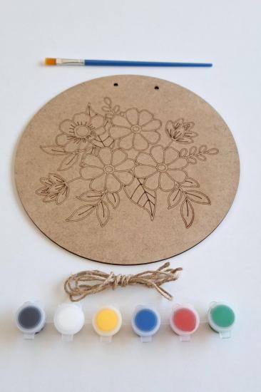 Özgün Tasarımlar İçin Çiçek Desen Ham MDF Dekoratif Set  - Fırça ve Akrilik Boya Hediye