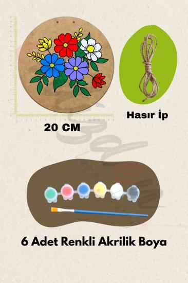 Özgün Tasarımlar İçin 5 Parça Çiçek Desen Ham MDF Dekoratif Set  - Fırça ve Akrilik Boya Hediye