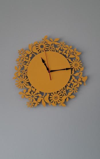 Erdizden Çiçek ve Kuş Desenli Lazer Kesim Mdf Duvar Saati