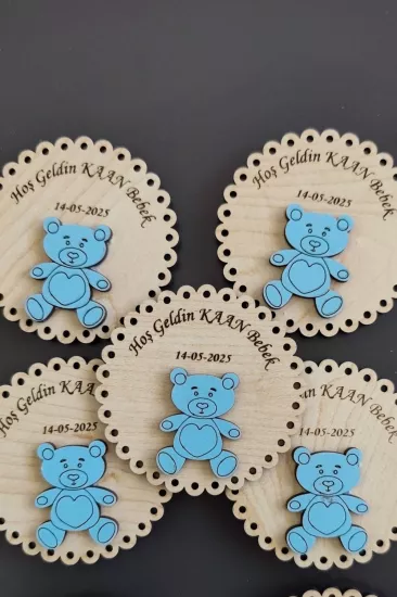 Yuvarlak Ayıcık Figürlü Ahşap Yenidoğan Magnet
