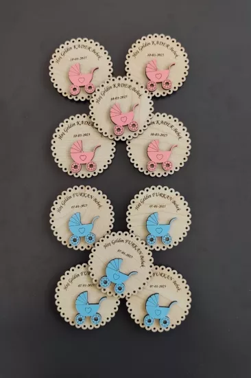 Yuvarlak Bebek Arabası Figürlü Ahşap Yenidoğan Magnet